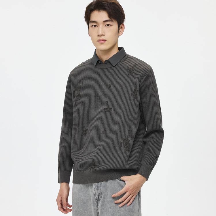 WOOG2005 Men s Winter 2025 Jacquard Knit Sweater with Faux Two-Piece Shirt Collar 3XL темно-серого