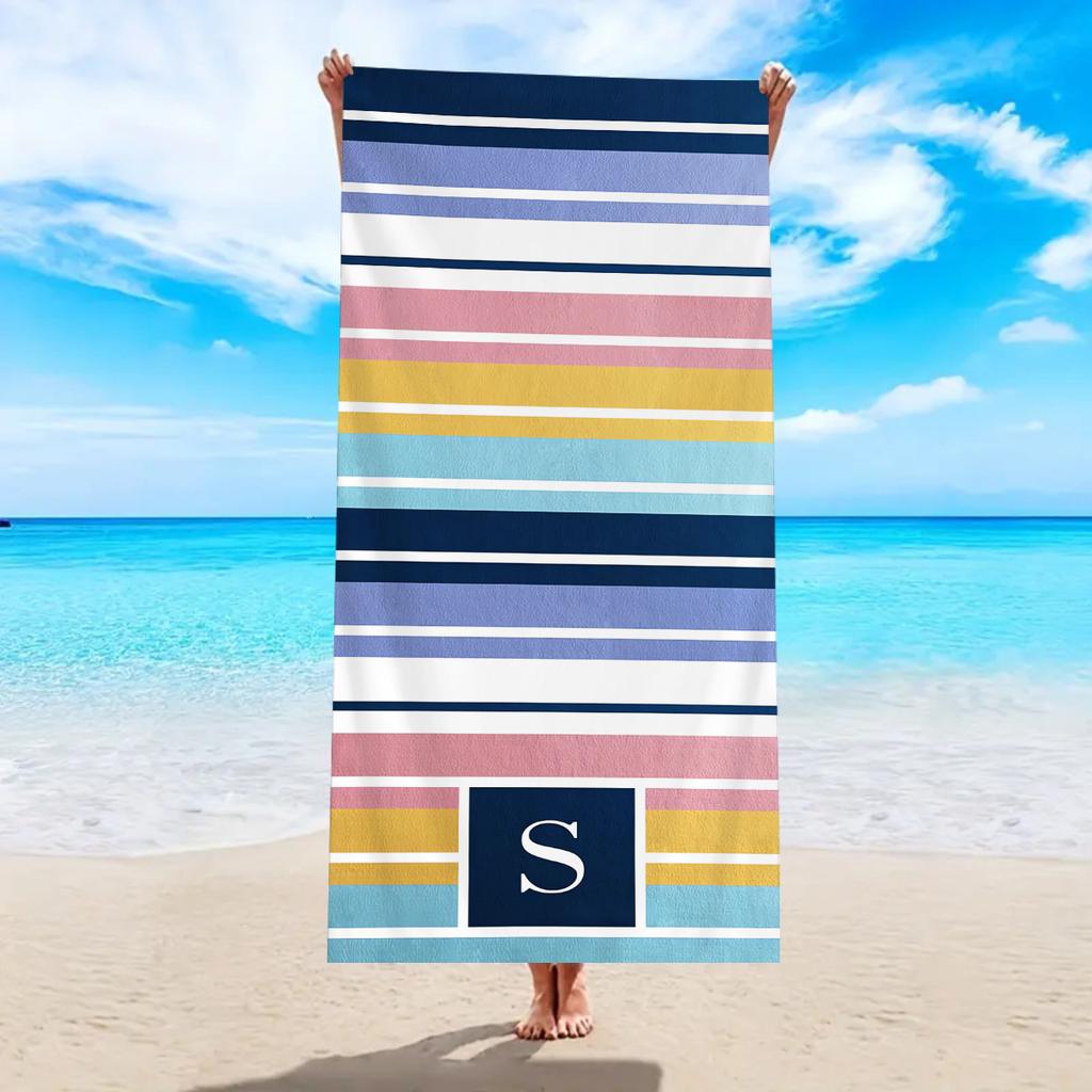 Monogram Initial Striped Beach Towel Soft Microfiber Towel for Men Women Summer Beach Pool Camping Gym Yoga Travel