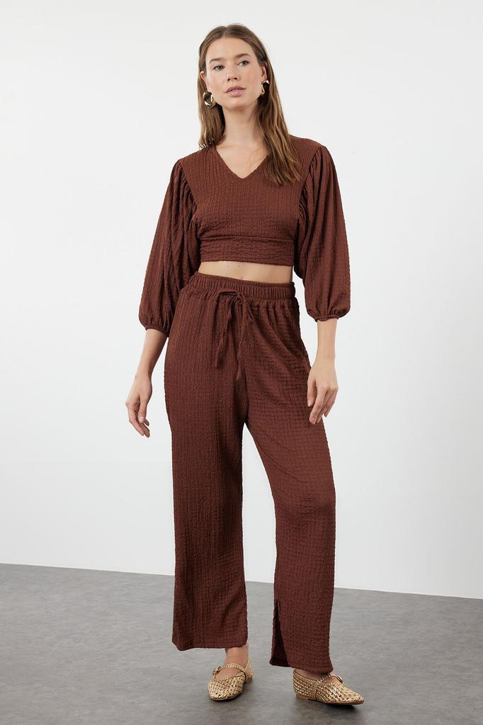 Women's Style Bottom-Top Set Clothes Dark Brown Textured Fabric Relaxed Comfortable Cut Flexible Knitted Bottom-Top Set