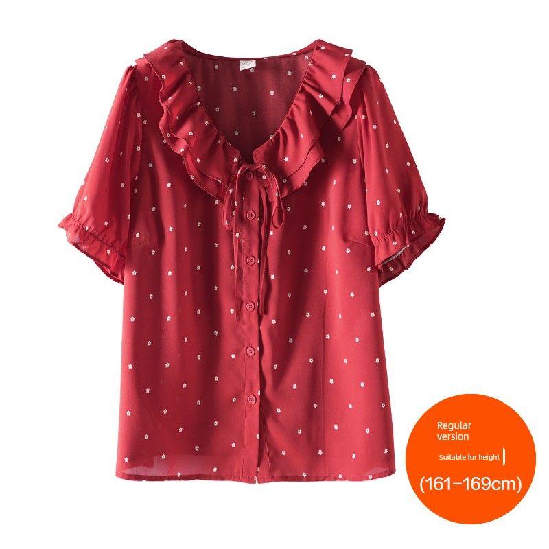 

Plus Size Women s Clothing [Korean Style Beautiful Shirt] Three-Layer Ruffled Collar Polka Dot Chiffon Puff Sleeve Shirt