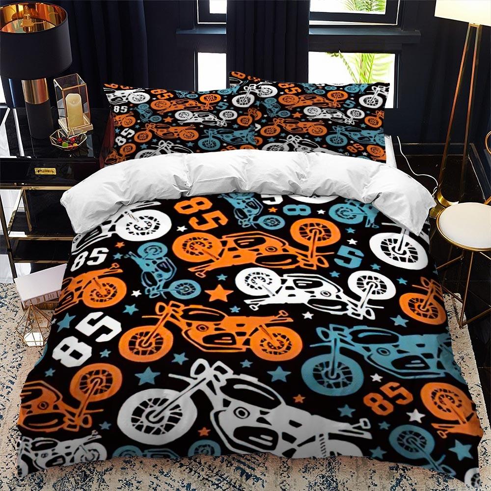 Luxury Bedding Set Motorcycle Fire Print Duvet Cover Set with Pillowcase Motocross Bedspread Boy's Bed Set