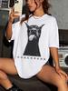 Women Cotton Short Sleeve T-Shirt Summer Loose Mid-Length Cartoon Print Crew Neck Pullover Casual Streetwear Tee Top
