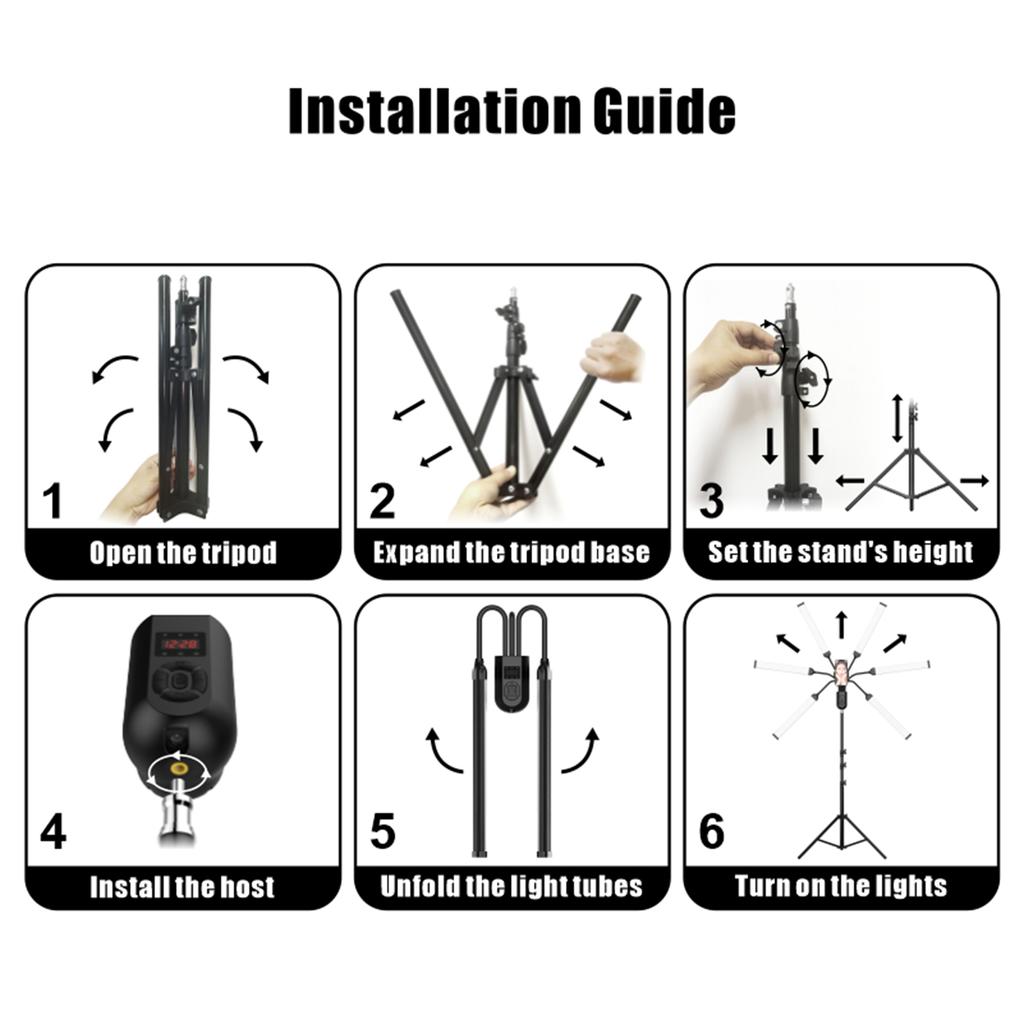 Flexible 6-Arms LED Video Light 60W Photography Fill Light 3000K/4000K/6000K Bi-color Dimmable with