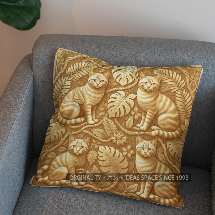 2D Golden Cats Among Green Leaves Pillow Cover Pattern Cushion Cover Suitable For Sofa Bedroom Car Pillow Cover