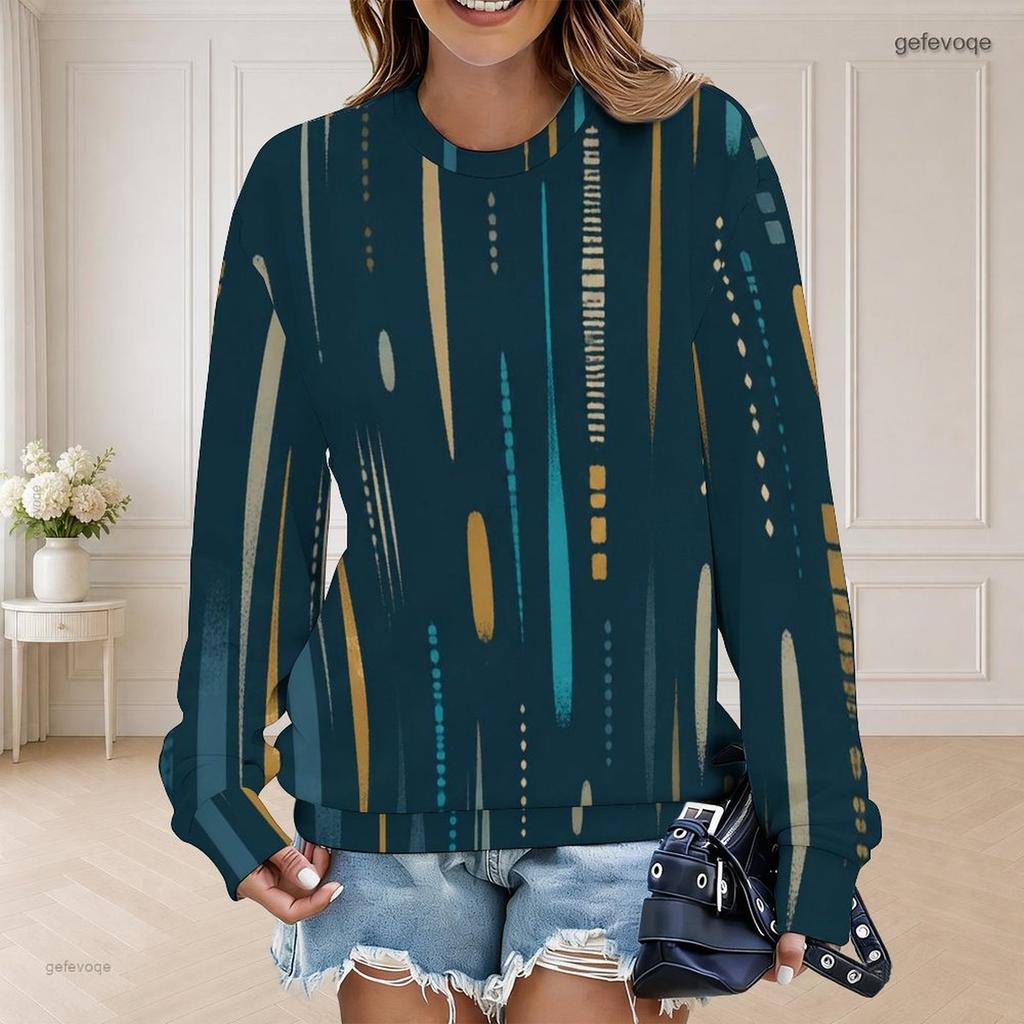 Women Plus Size Round Neck Long Sleeve Abstract Printed Ribbed Cuffs Pullover Sweatshirt