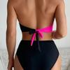 Women's Pink Black Color Block Halter Bikini Set Wrap Front High Waist Two Piece Swimsuit