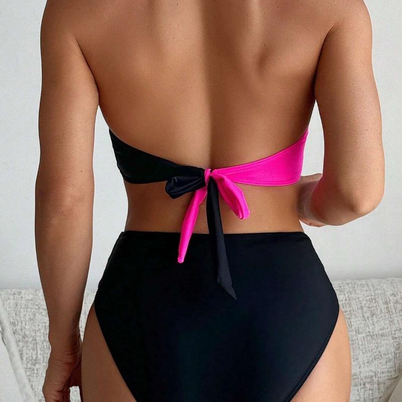Women's Pink Black Color Block Halter Bikini Set Wrap Front High Waist Two Piece Swimsuit