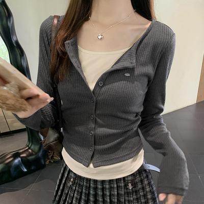 Fake Two-piece Color-blocked Long-sleeved Sweater for Women In Autumn New Pleated Waist Inner Layered Sweet and Spicy Short Top