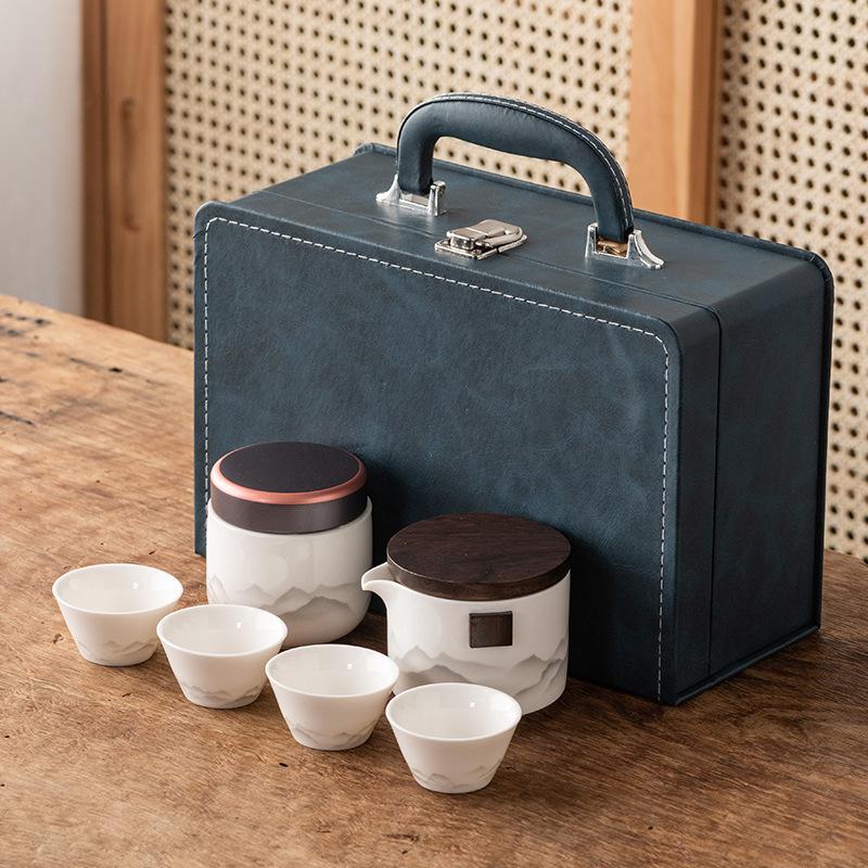 Guochao Travel Tea Set Portable Chinese Style Ink Painting Suet Jade White Porcelain Business Gifts Kuaike Cup