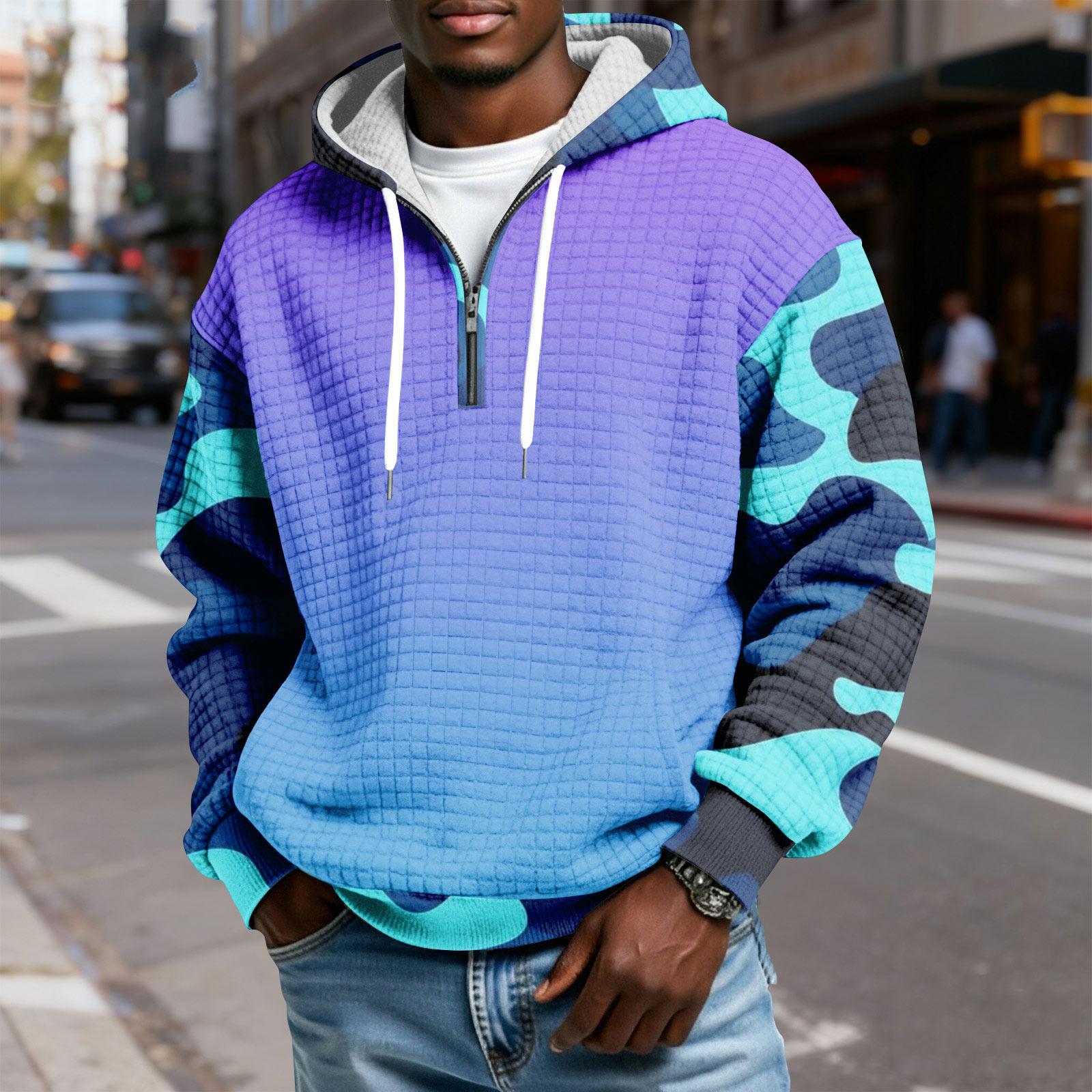 

Men s Half-Zip Hooded Plaid Pullover Drawstring Print Casual Sports Sweatshirt XL фиолетовый