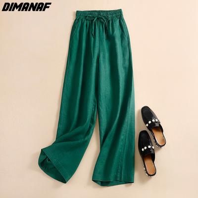 DIMANAF Plus Size 2022 New Women Linen Wide Leg Pants Summer Elastic Vintage Solid Loose Long Pants