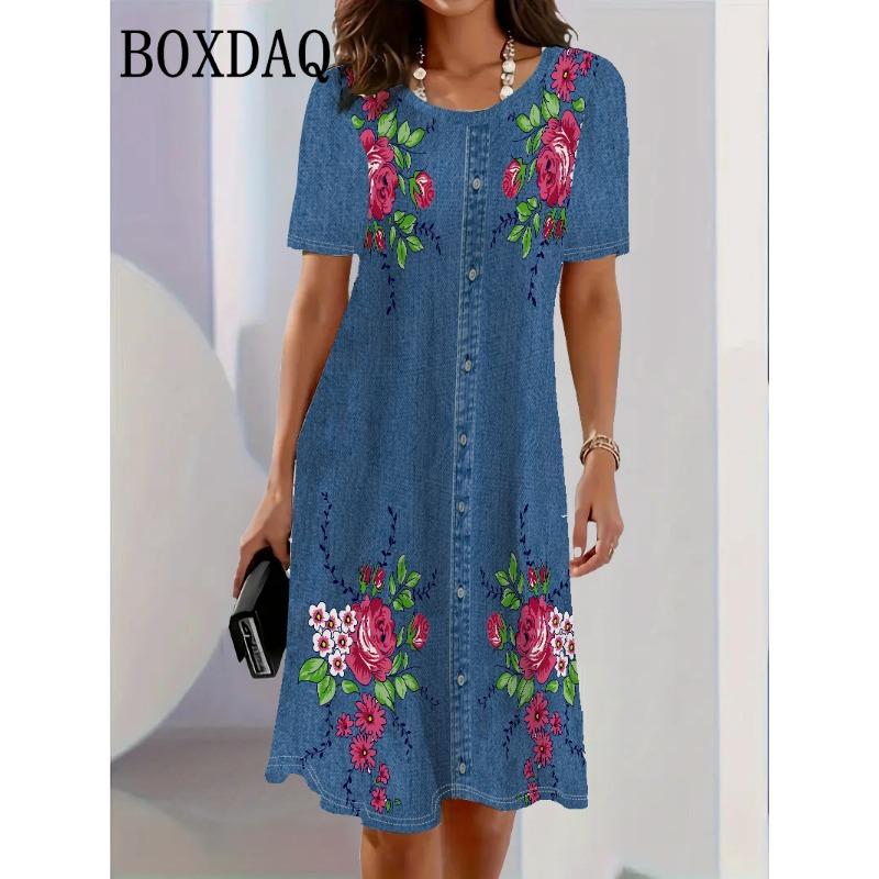 2025 Fashion Trend 3D Imitation Denim Pattern Women's Dress Summer Sreet Short Sleeve O-Neck Loose Casual Flowers Print Dresses