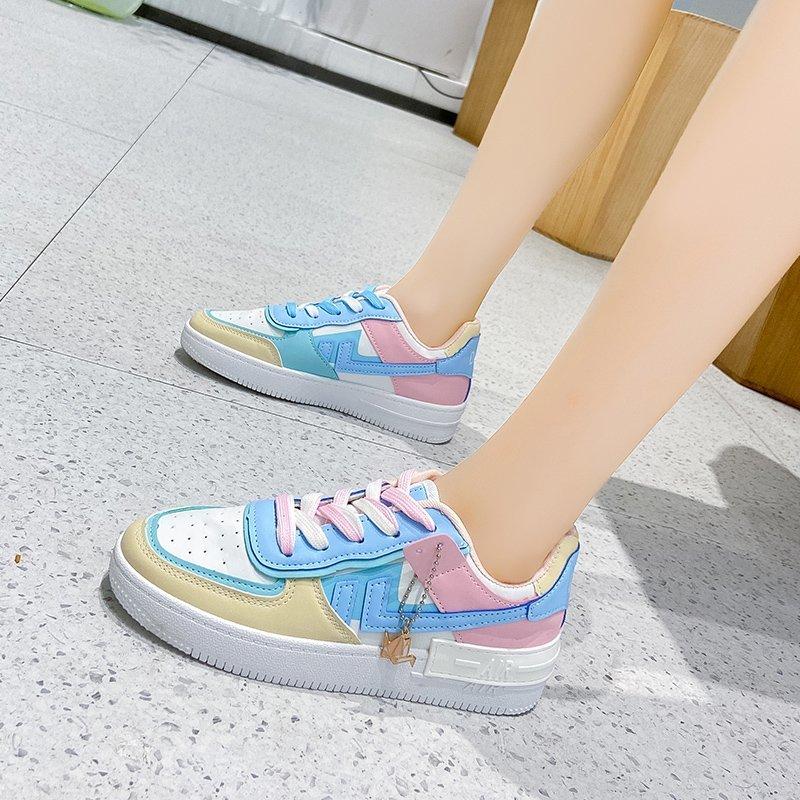 DOGHC Bílé a růžové sportovní boty pro ženy, Neformální obuv, Nízká platforma, Vulkanizované, Modrá barva