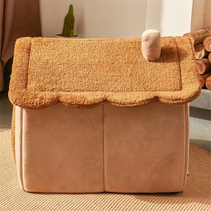 Winter Solid Plush Cotton Semi-Enclosed Cute Cat Dog Bed & Kennel with Removable Washable Cover