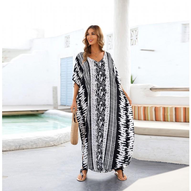 Womens Oversized Beach Cover Up Tunic With Snake Print Stripe 4-Way Stretch Lightweight Swimwear Layer UPF Sun Black White