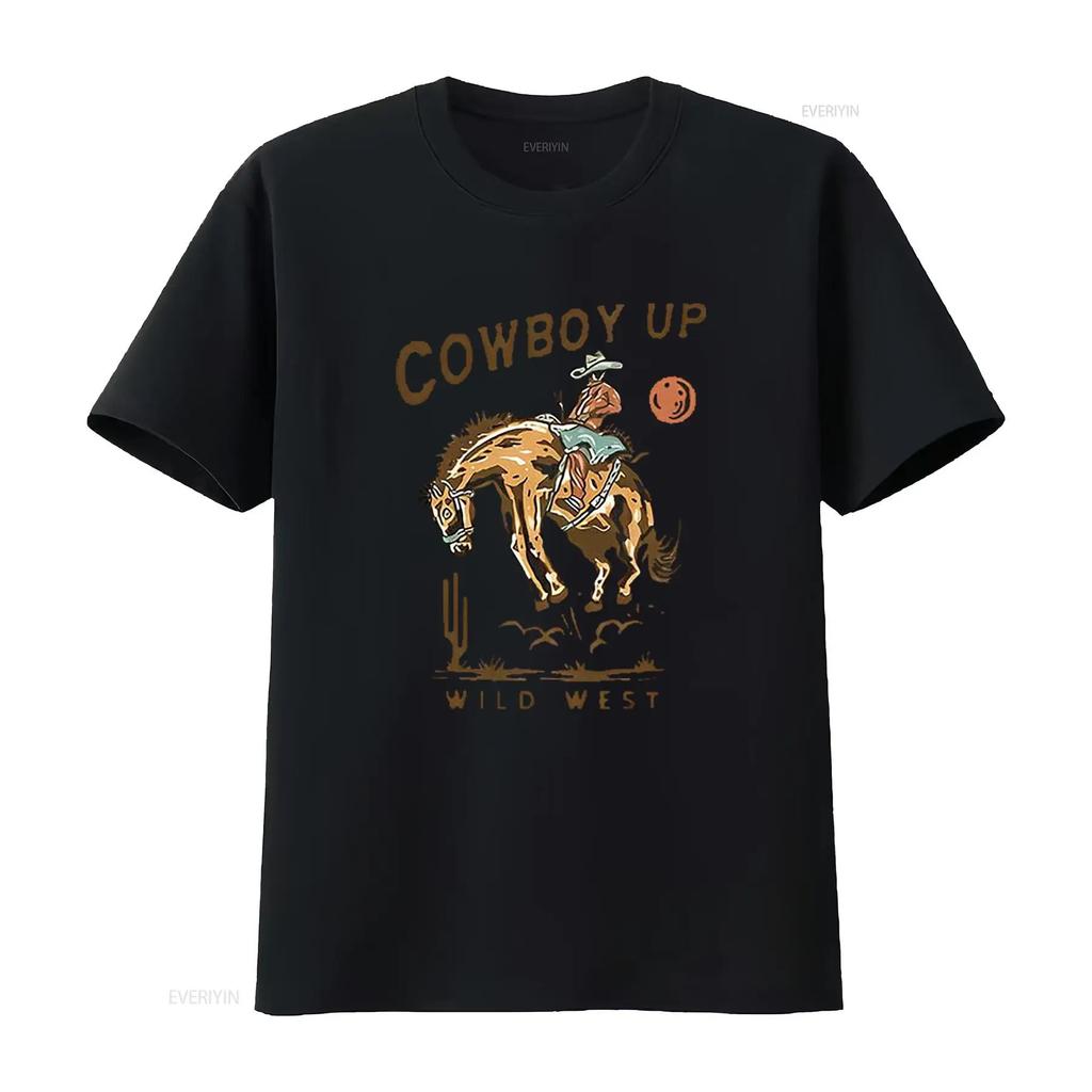 COWBOY UP WILD WEST American Retro Round Neck Womens T Shirt Black X Large vintage Washed Stretched Top For Everyday Wear