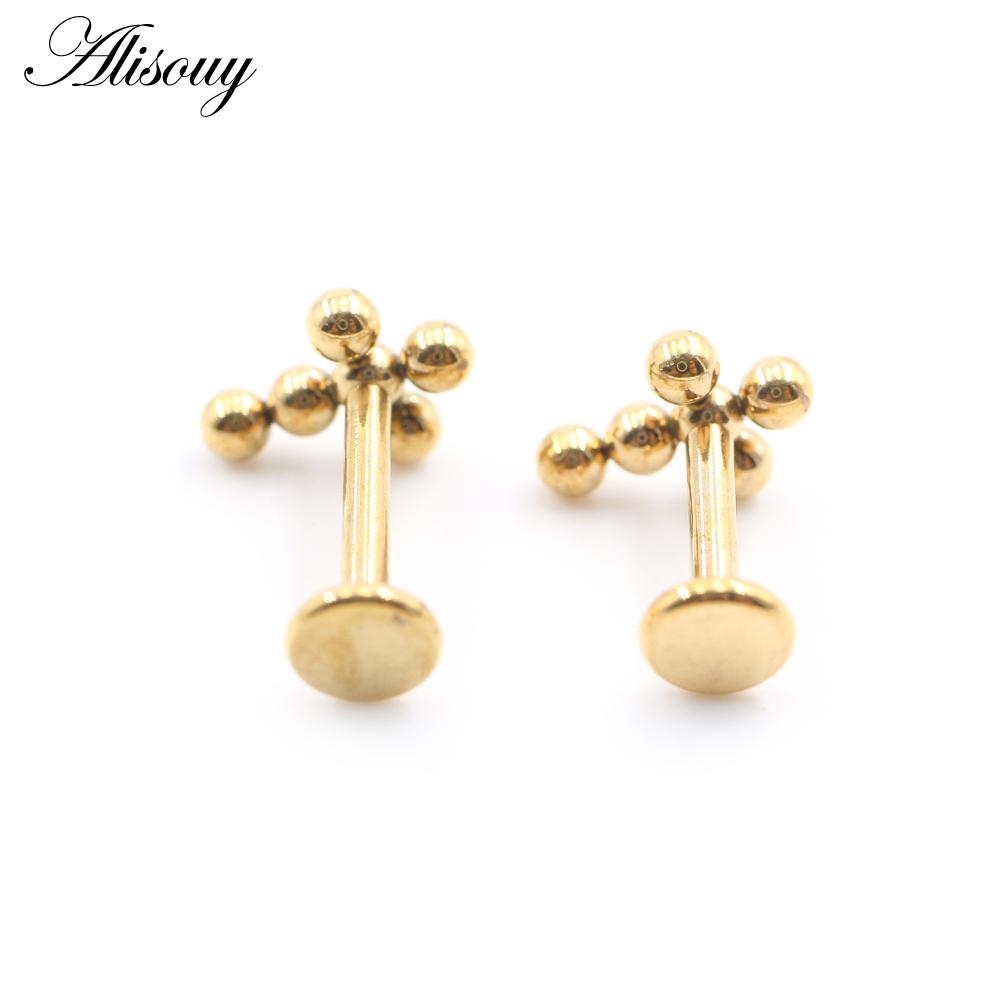 Alisouy 1PC Stainless Steel Cross Ball Threaded Ear Tragus Helix Labret Lip Rings Cartilage Stud Earrings Piercing Body Jewelry