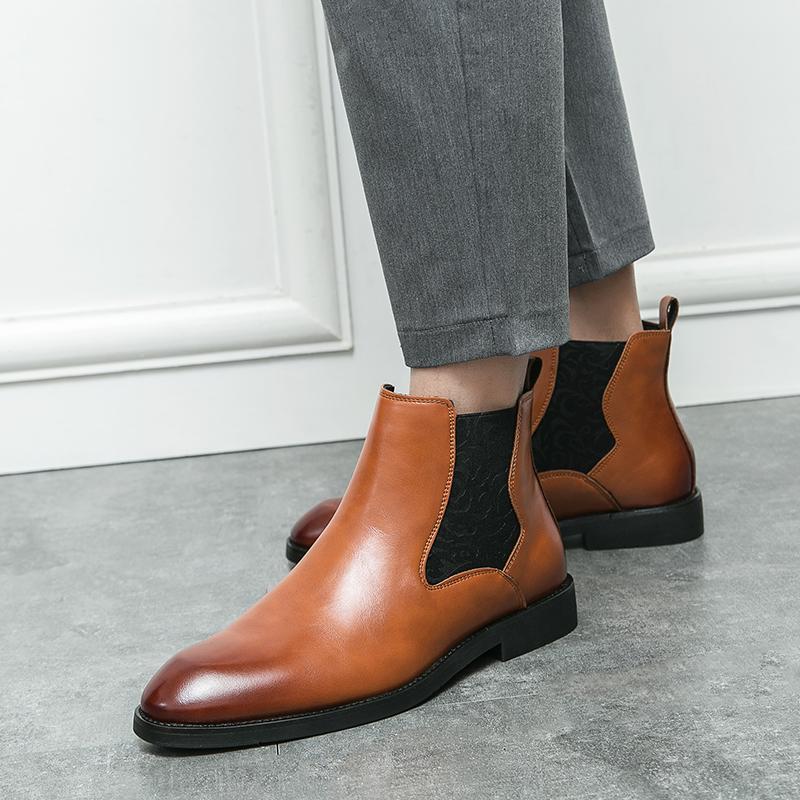 Mode Chelsea Herrenstiefel Mode PU Einfarbig Knöchelhoch Low Heel Gummizug Geschnitzt Business Formal Arbeitsstiefel Große Größen 38-46
