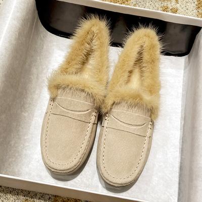 Fashion Real Mink Fur Mocasines Women Genuine Leather Flats 2024 Ladies Pigskin Walking Shoes Winter Warm Plush Loafers Cotton Fur Boots