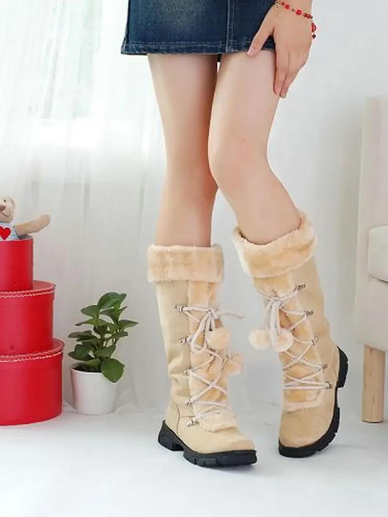 Fashion 2025 Cute Hairball Women's Comfort Fluffy Boots Suede Stitching Knee Length Winter Warm Snow Boots Classic Vintage Ladies Shoes