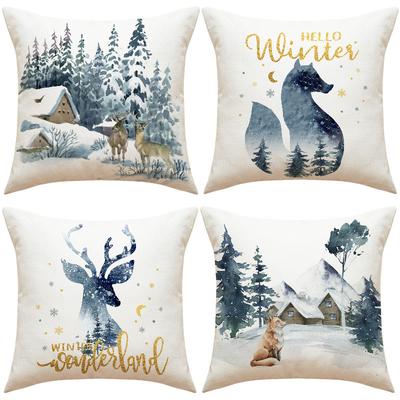 New Fox Deer Christmas Pillowcase Linen Printed Pillowcase Festive Room Sofa Decoration Cushion Cover