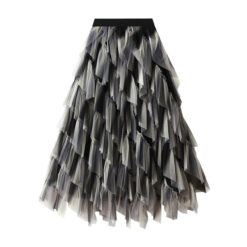 

Qooth Colorful Pleated Irregular Mesh Half Skirt Mid-Length Rainbow Gauze Skirt Women Slim Skirt QT2614 One Size чорний