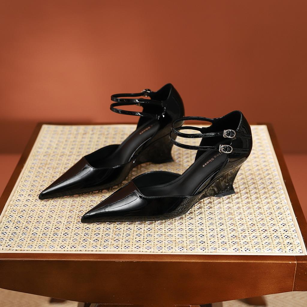 339-1 Pointed Wedge Heel Single Shoes Autumn New Pointed Head Light Mouth Silver Heightening Soft Sole Thin Strap High Heel Single Shoes Women