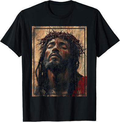 Schwarzes Jesusgesicht Kreuz Jesu Mit Dornenkrone T-Shirt Herren Damen T-Shirts Oberteil Unisex T-Shirt Herren Damen T-Shirts Oberteil