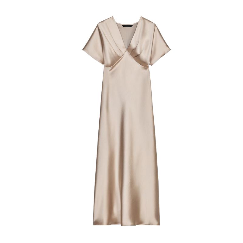 Summer New Product Women's Clothes French Style V-neck Elegant Long Silk Satin Texture Midi Skirt Dress 2330399