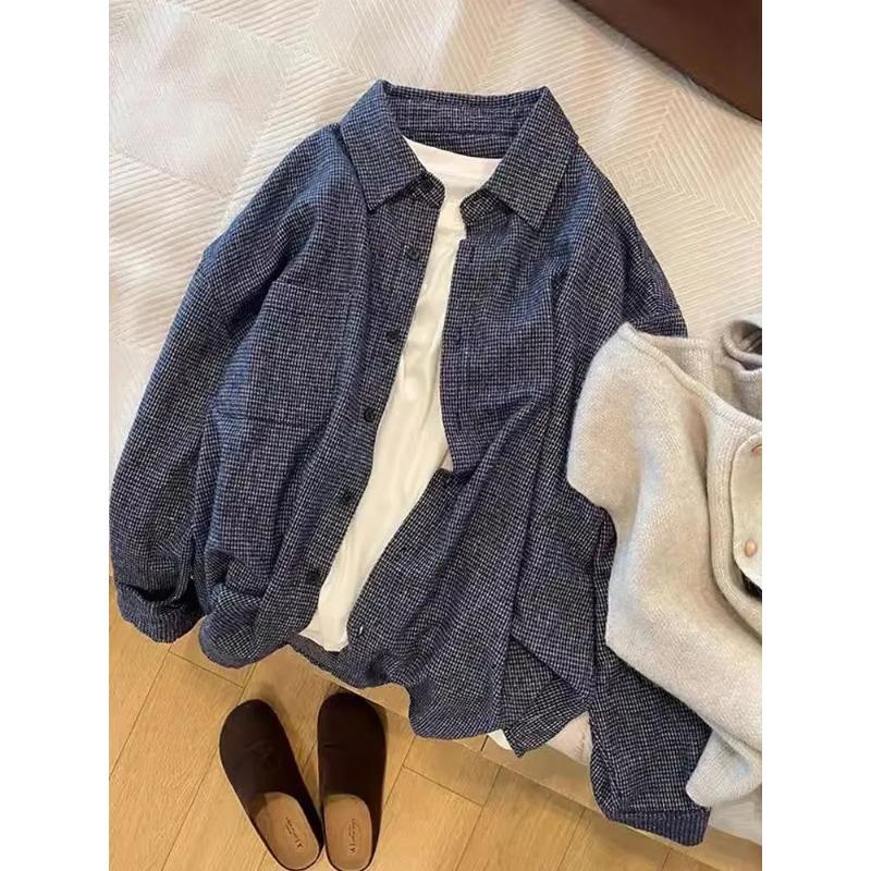 Retro High-end Blue Plaid Frosted Cotton Shirt Jacket for Women's Autumn New Loose Long-sleeved Shirt Top