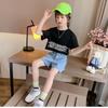 Girls Suits Clothing Set Summer Spring High Waist Denim Shorts Printing Letter Middle Sleeve Tops  2PCS Children Clothing Set