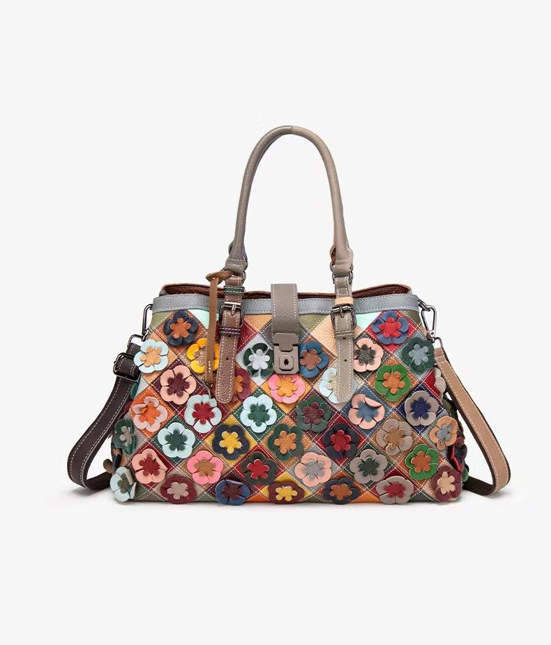 Women Genuine Leather Floral Patchwork Tote