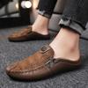 Men's Summer Breathable Closed-Toe Slip-On Lazy Soft Sole Casual Leather Penny Loafer Half-Slippers