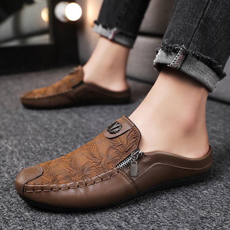 Men's Summer Breathable Closed-Toe Slip-On Lazy Soft Sole Casual Leather Penny Loafer Half-Slippers