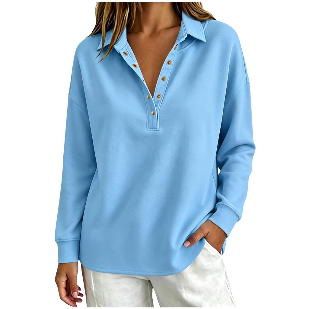 Women's Long Sleeve Pullover Sweatshirt V Neck Button Front Casual Loose Fit Top Lightweight Soft Fabric Comfortable Wear