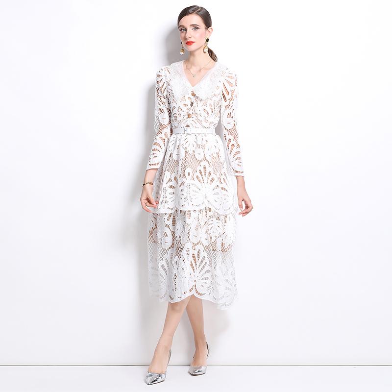 Frühling Herbst Frauen Elegante V-ausschnitt Stickerei Blume Spitze Lange Maxi Party Kleider Mit Gürtel