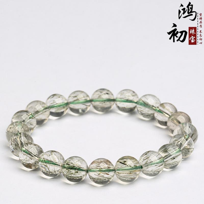 Hongchu Crystal Natural Green Tourmaline Single-Loop Bracelet Natural Green Tourmaline and Rutilated Quartz Bead Bracelet 7mm(24Left and Right)