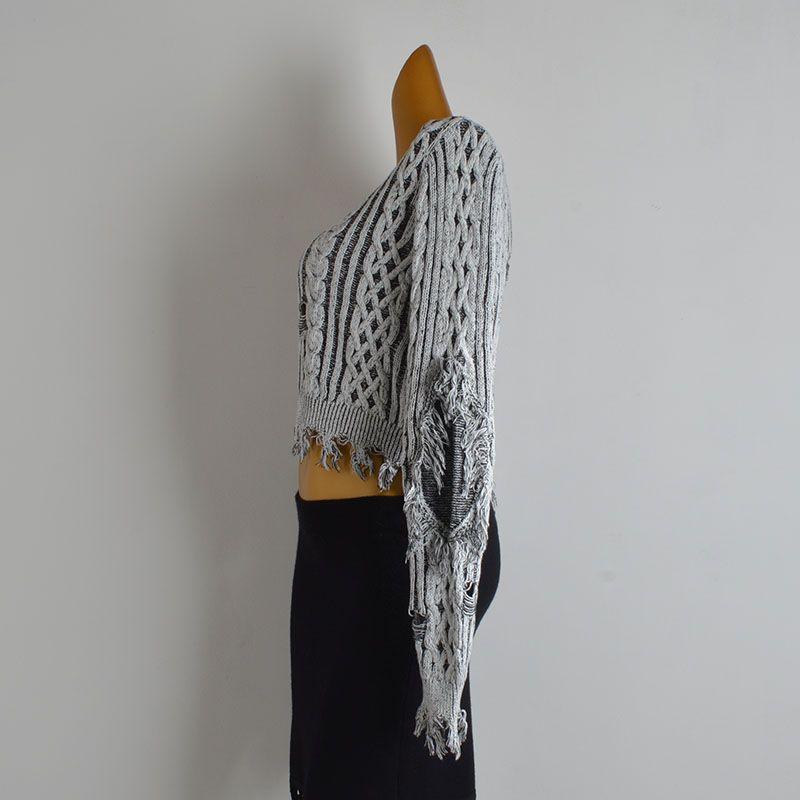 Retro Fashion Design Ripped Tassel Long sleeve Knit Women Spring and Autumn Idle Style Pullover Sweater All-Matching Top