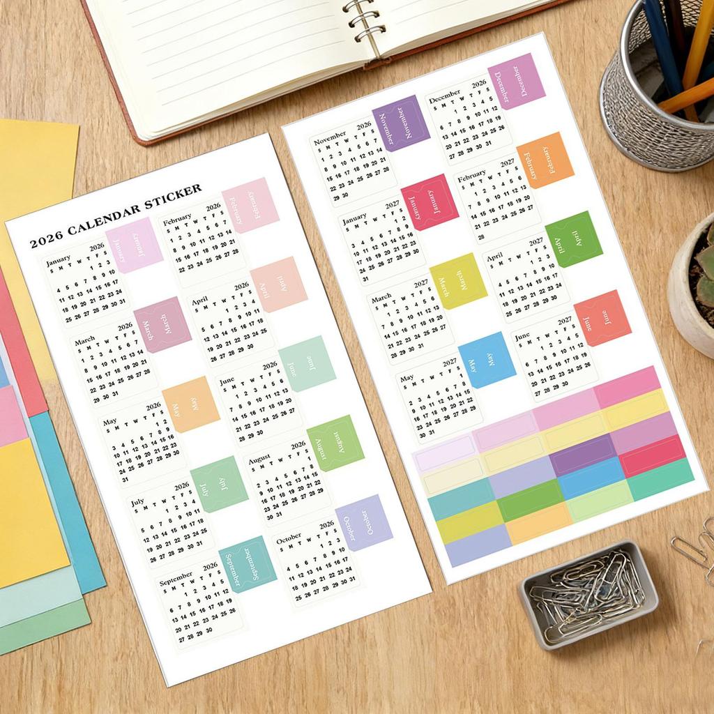 2pcs 2026 Monthly Planner Stickers Colorful Calendar Tabs Student Teacher Office Supplies Sticky Labels for Agenda Planning