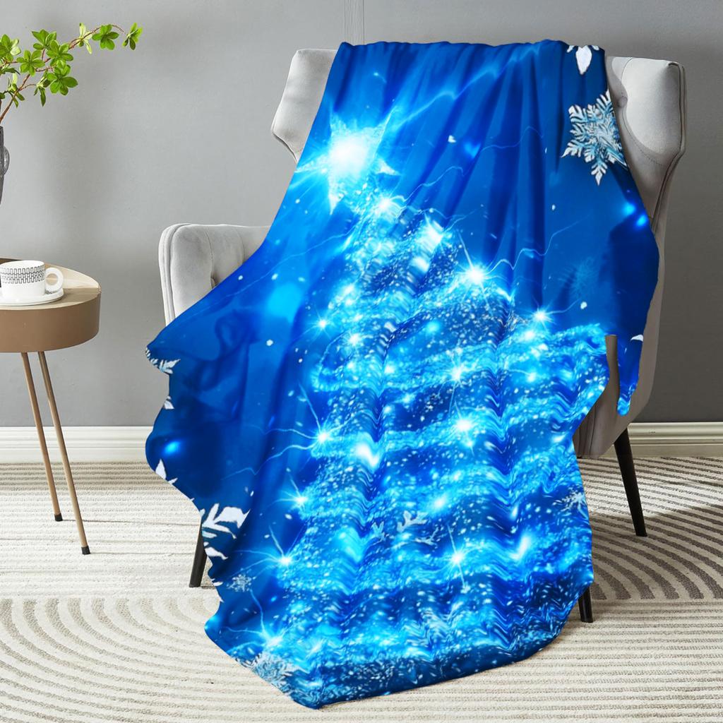 1pc Soft Christmas Tree Print Plush Blanket Blue Xmas Theme Snowflake All Season Use Washable Throw Blanket for Girls Daughter