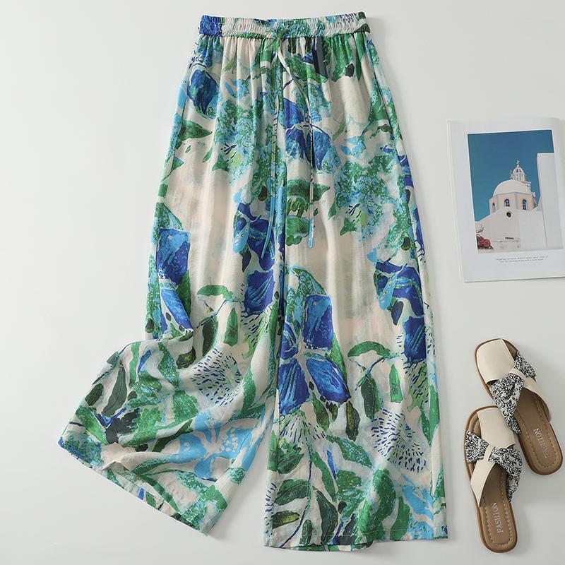 DIMANAF 2026 Summer New Plus Size Women Long Pants Loose Elastic Waist Casual Lady Bottoms Print Floral Beach