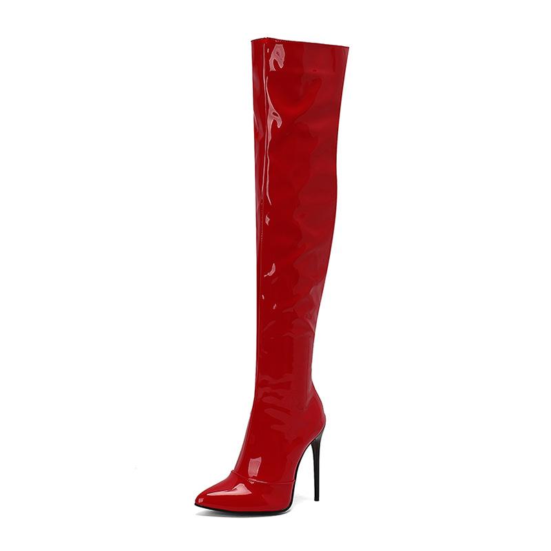 New Women's Boots Red Heels Over The Knee Boot Sexy Patent Leather Side Zipper Nightclub Dance Long Boots Party Women Shoes