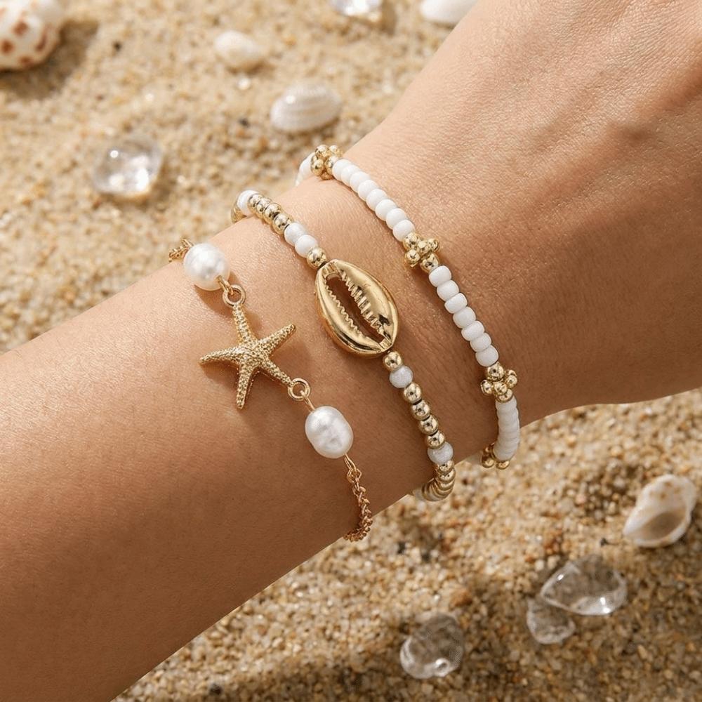 3Pcs Pearl Beaded Bracelet Set Stretch Multiple Layers Bracelet Dainty Shell Bracelet Set Party