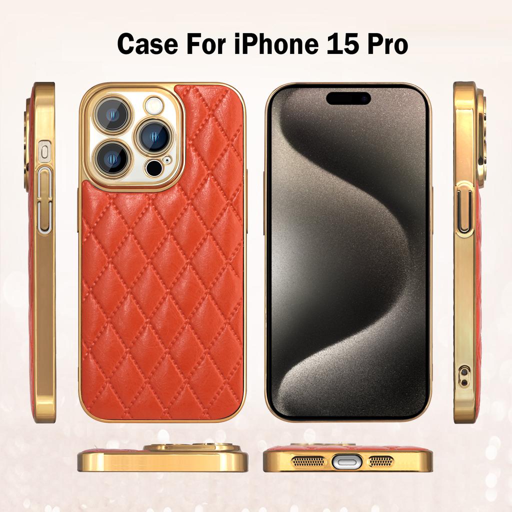 Luxury 3D Diamond Pattern Plating Leather Cases For iPhone 15 Pro Max 14 11 12 13 Shockproof Bumper Hard Lens Protection Cover