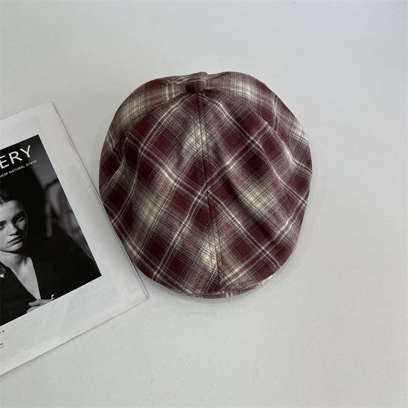

Vintage plaid autumn and winter cap street female beret warm British forward hat M（56-58cm） бежевий