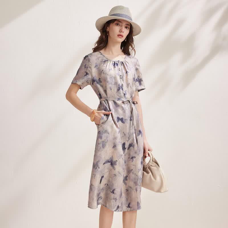 Zhaojun New Chinese Style Mulberry Silk Printed Short-Sleeve Dress
