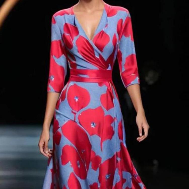 Cross V Neck Three Quarter Sleeves Colorful Print Maxi Long Dress Big Swing A-line Slim Waist for Dating Shopping Banquet Fall Spring