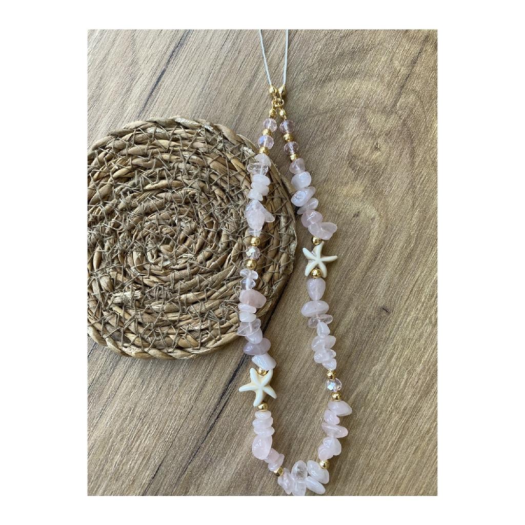 Pink Quartz Natural Stone Pink Crystal Detailed Star Gold Detailed Phone Strap Charm Accessory Rope