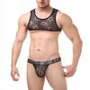 Sexy Crop Top Lace Thong Set Men's Erotic Panties Man Tanga Hombre Underwear Tank Sleeveless Lingerie Harness Sleepwear Costume