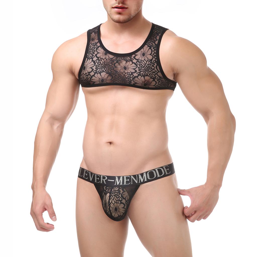 Sexy Crop Top Lace Thong Set Men's Erotic Panties Man Tanga Hombre Underwear Tank Sleeveless Lingerie Harness Sleepwear Costume